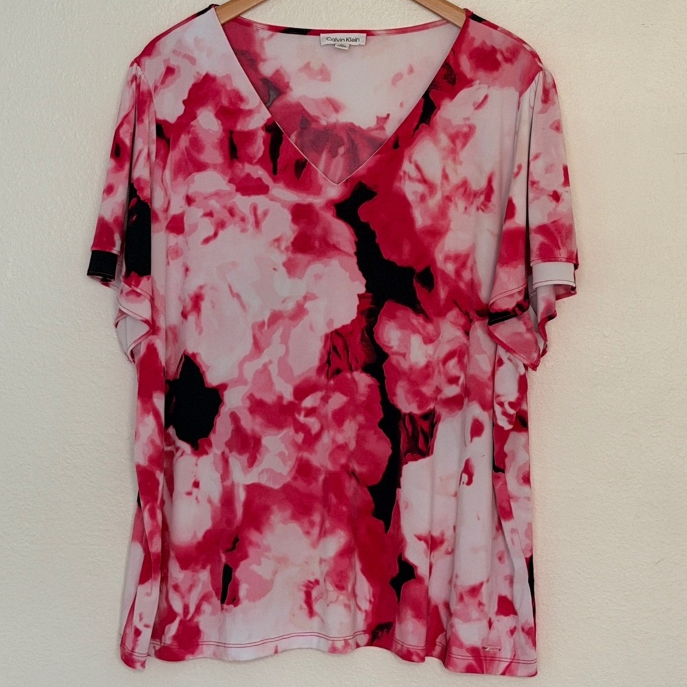 Calvin Klein Floral V-Neck Top Sz 3X Pink Black Short Sleeve Abstract Print